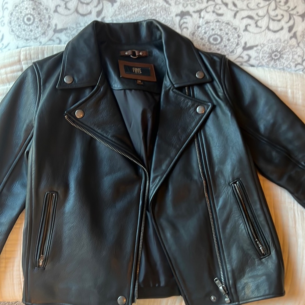 Frye black leather motorcycle jacket. Medium. Never worn. Pristine condition.